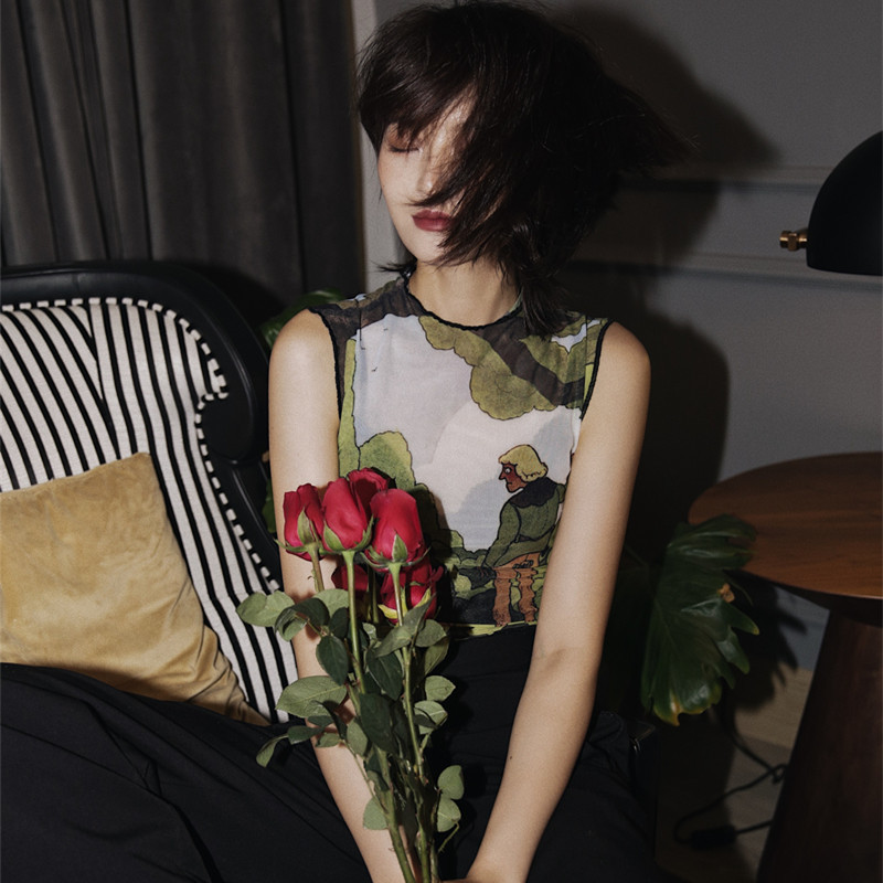 CHEERART Mesh Tank Top Women Crop Top Voile Tanktop Summer Sleeveless Underwear Pattern Print Green Top Femme Clothes 210308