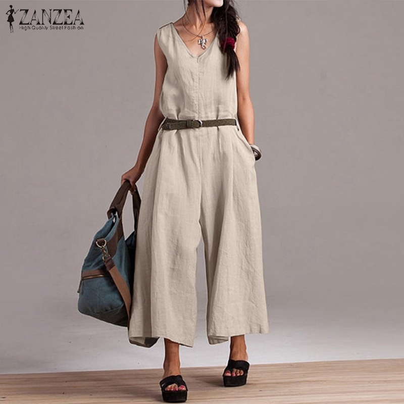 Wide Leg Pants Women's Jumpsuits ZANZEA Plus Size Linen Overalls Woman V Neck Rompers Female Sleeveless Summer Pantalon 5XL T200107