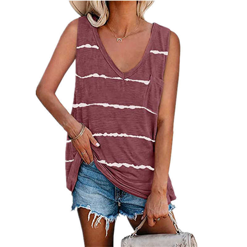 Black Striped Tank Tops for Women Summer Sleeveless V-neck Pocket Pullover Top Khaki Loose Casual Women's Plus Size Clothing 5XL 210604