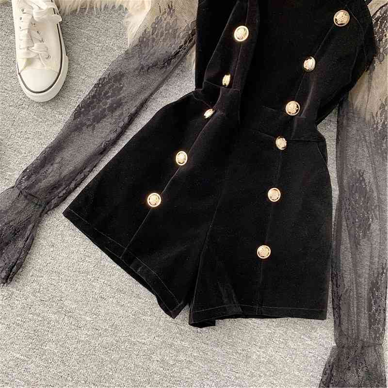 Joinyouth Two Piece Outfits Lace Tulle Pullover Flare Sleeve Shorts Gold Velvet Button Solid Fashion Clothes Female 231 210707