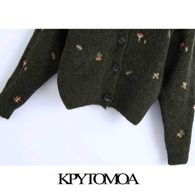 KPYTOMOA Women Fashion Floral Embroidery Knitted Cardigan Sweater Vintage Long Sleeve Button-up Female Outerwear Chic Tops 210918