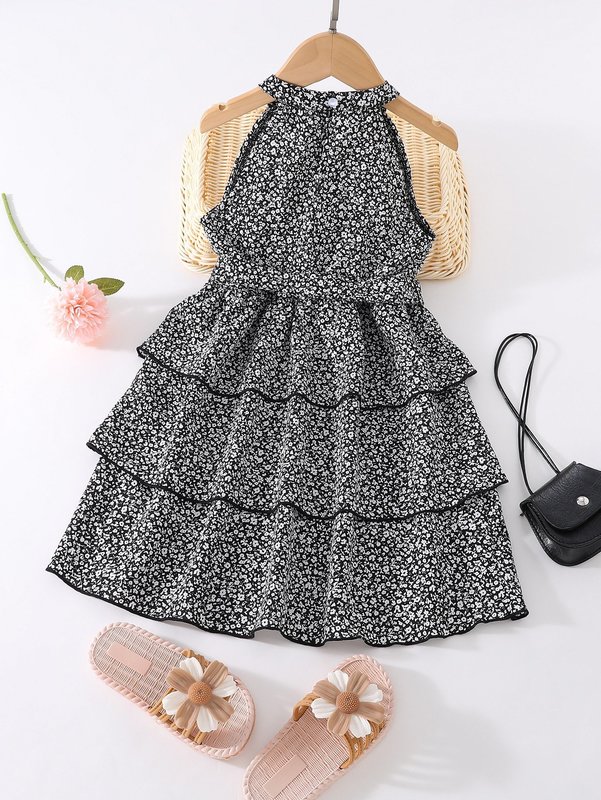 Toddler Girls Ditsy Floral Halter Neck Contrast Piping Layered Hem Dress SHE