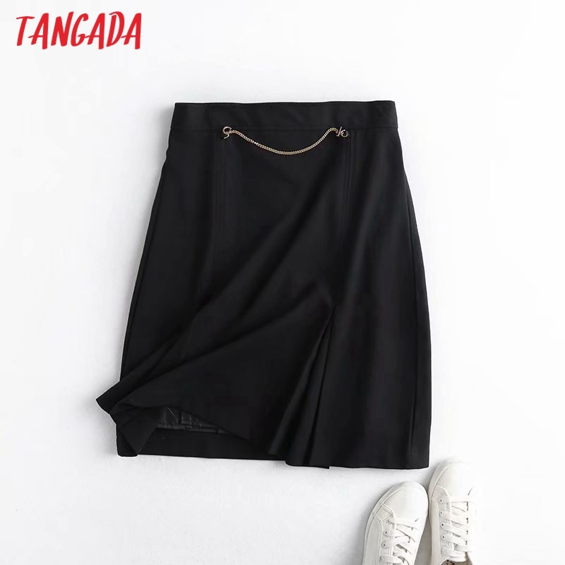 Tangada autumn winter women chain decorate black skirts faldas mujer zipper female mini skirt 4C78 210306