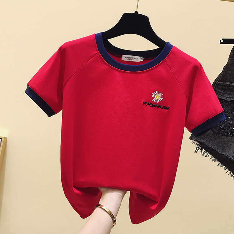 Floral Embroidery T Shirt Women Contrast Color Summer Tops Short Sleeve Tshirt Female Korean Fashion Cotton T-Shirt Femme 210615, Red
Floral Embroidery T Shirt Women Contrast Color Summer Tops Short Sleeve Tshirt Female Korean Fashion Cotton T-Shirt Femme 210615, Red
