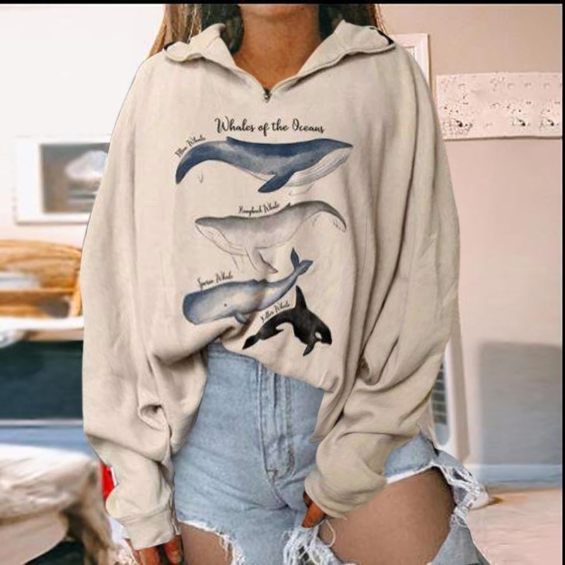Fashion Women Hoodie Whales Print Loose Hoodies Personality Printed Women Sweatshirts Zipper Graphic Hoodie Pullovers 201203