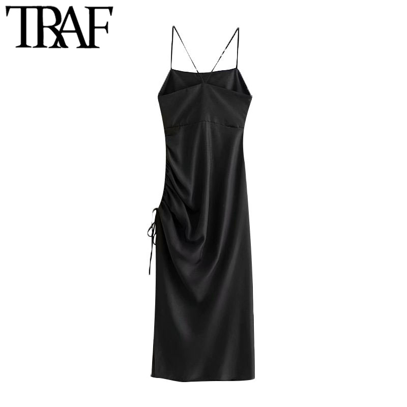 TRAF Women Chic Fashion Side Adjustable Drawstring Draped Midi Dress Vintage Backless Side Zipper Straps Female Dresses 210303