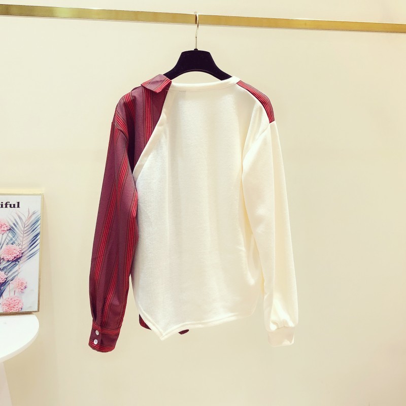 Women spring new hit color striped cotton sweatshirt female crewneck irregular tops ladies bandage sweats T200407