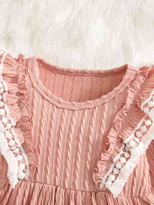 Baby Cable Textured Guipure Lace Ruffle Trim Dress With Headband SHE