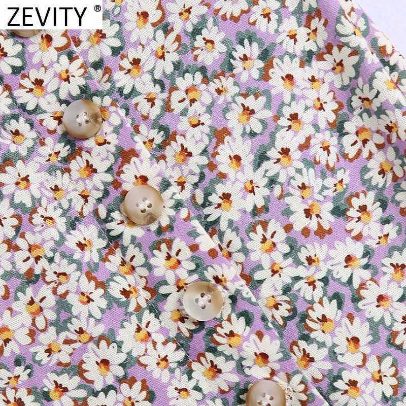 Zevity Women Vintage Floral Print Single Breasted Split Purple Skirt Faldas Mujer French Style Female Chic Party Vestidos QUN756 210621