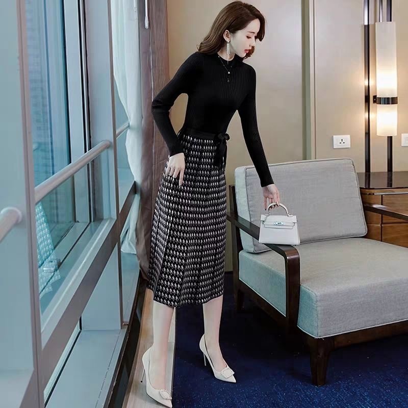 Autumn winter Vintage printed Knitted Sweater pleated Dress women OL Elegant sweater dress with belt female aline slim dress 201008
