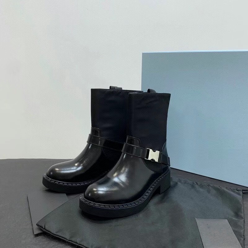 Women Knight the knee Martin Boots re-nylon brushed leather ankle boot Black Cloth chunky heels Platform Shoes Slip-on high-High Combat booties With B