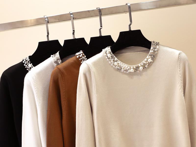 Pearls beading o-neck sweater women elegant basic slim Pullover long sleeve knitted sweaters autumn and winter modis tops T200113