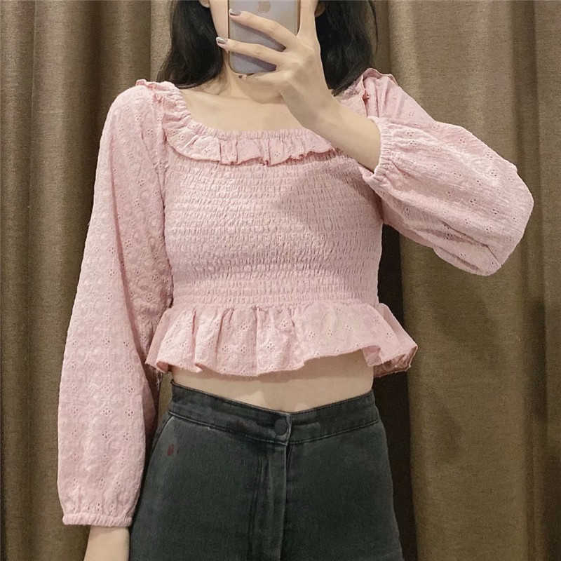 Sweet Women Solid Elastic Short Shirts Fashion Ladies Ruffles Square Collar Blouses Elegant Female Hollow Out Shirt 210527