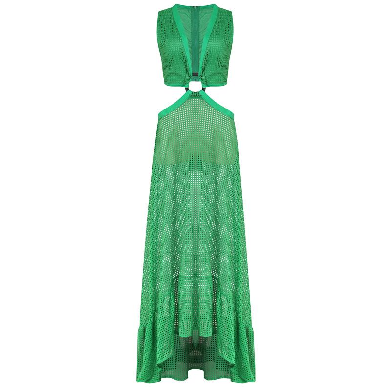 Women Cover-up Dresses Sexy Fishnet Low Neck Metal Twist Bandage Cut-out Waist 2021 Plus Size 3XL Back Zip Long Dress Beachwear
