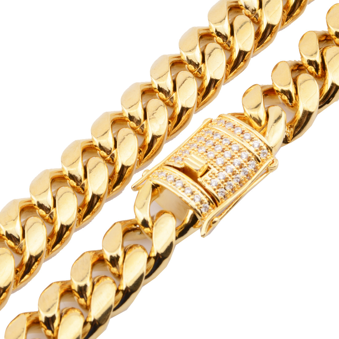 Gold Titanium Chains Steel Stainless Cuban Link Micro-Inlaid White Drill Buckle Encryption Necklace