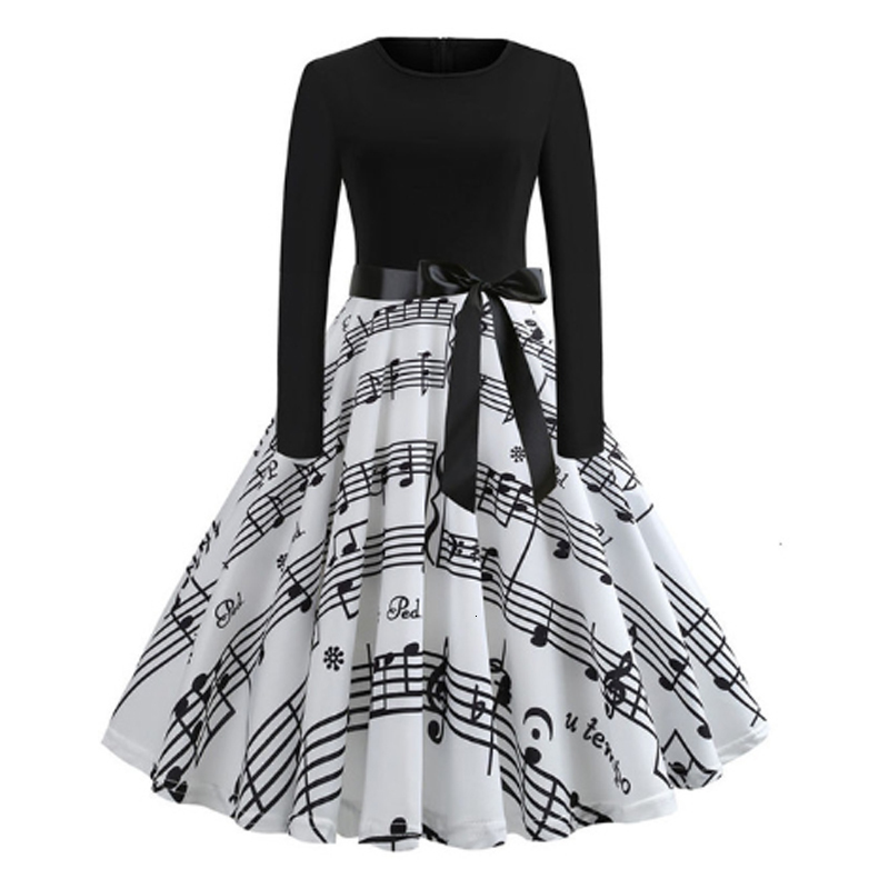 Christmas Dress Swing Elegant Women Print Party Dresses Long Sleeve Vintage Dress Robe Plus Size 201008