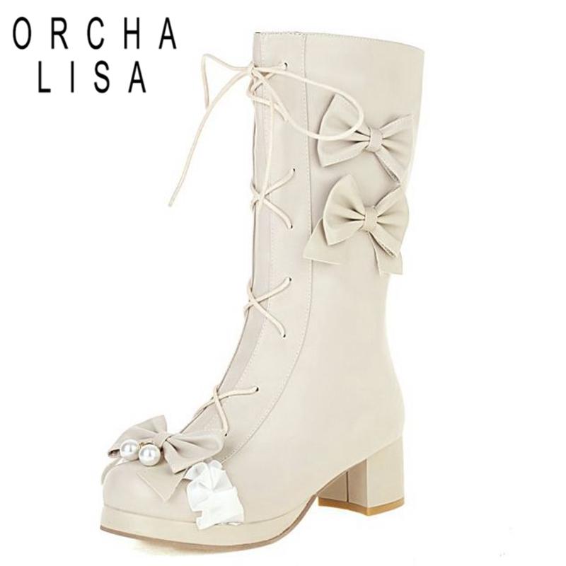 Boots ORCHALISA Woman's Mid-Calf Square Toe Chaussure Femme Automne 2022 Chunky Heels Zip Bowtie Platform Big Size Autumn S2708, Black 
Boots ORCHALISA Woman's Mid-Calf Square Toe Chaussure Femme Automne 2022 Chunky Heels Zip Bowtie Platform Big Size Autumn S2708, Black