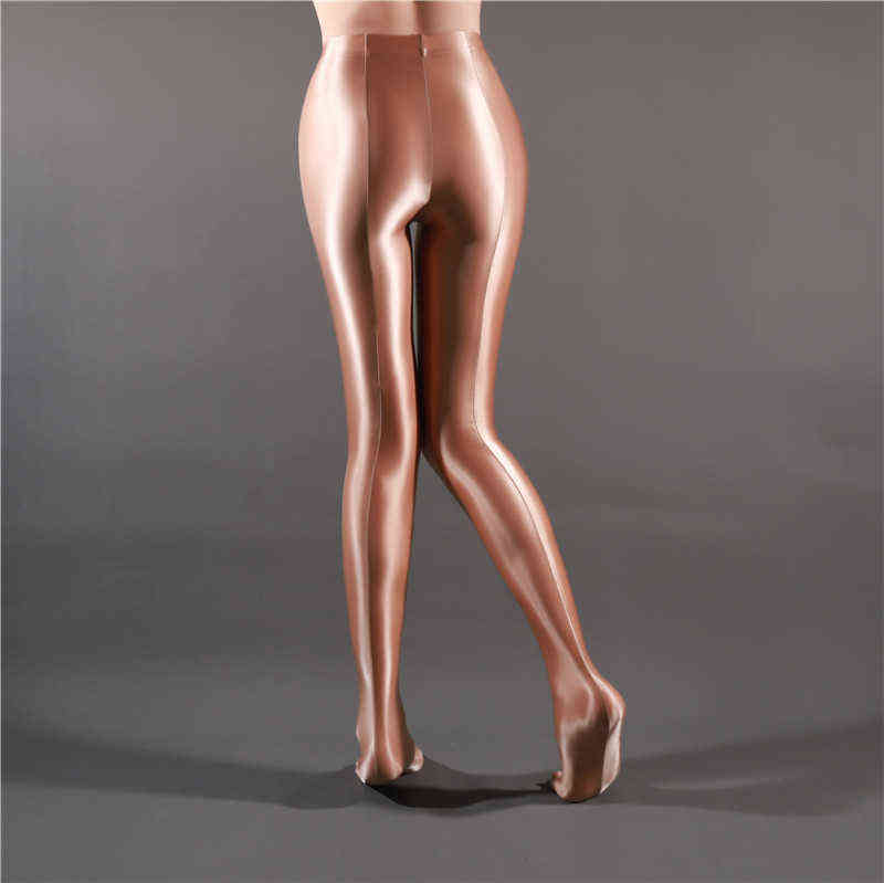 Sexy Women Stripe Oil Gloosy Pencil Pant Shiny Full Smooth See Through Leggings Candy Color Dance Wear F20 211115