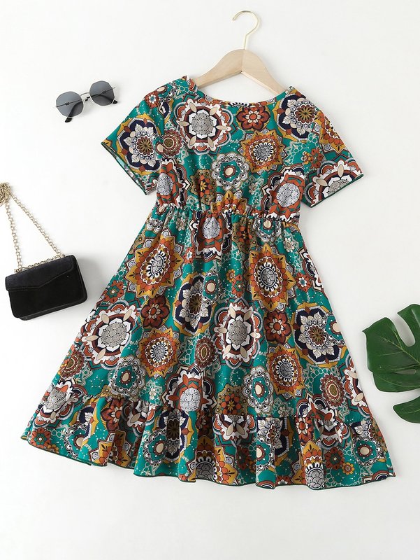 Girls Mandala Print Overlap Collar Ruffle Hem Dress SHE