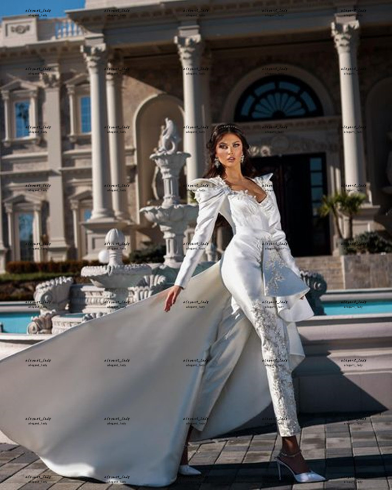 Long Sleeve Wedding Jumpsuit With Sweep Train 2022 Lace Applique Sweetheart Beach Stain vestido de noiva grego Bridal Gowns