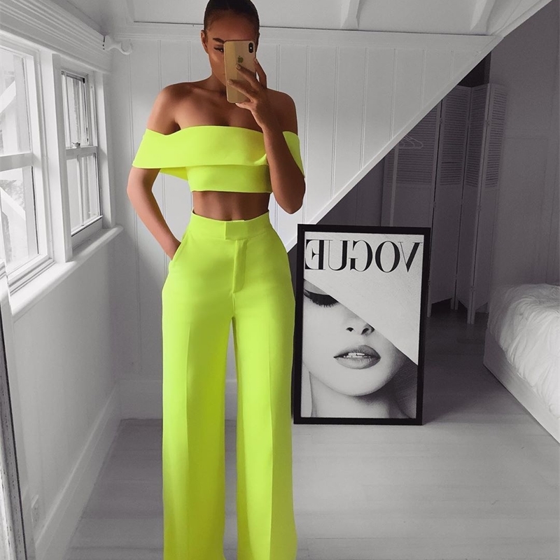 Summer White Black 2 Piece Set Women Clothing Wide Leg Pants Suits Sexy Cropped Top + Long Trousers Fashion Woman Tracksuits T200825