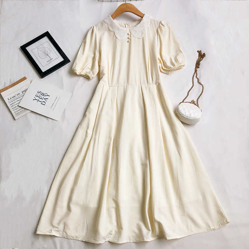LY VAREY LIN Summer Women Sweet Peter Pan Collar High Waist Midi Dresses Casual Lace Short Sleeve A-line Female 210526