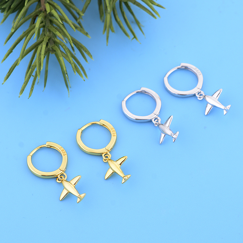 Authentic 925 Sterling Silver Gold Color Aircraft Pendant Hoop Earrings Women Girls Childlike Cute Airplane Jewelry Gift Bijoux