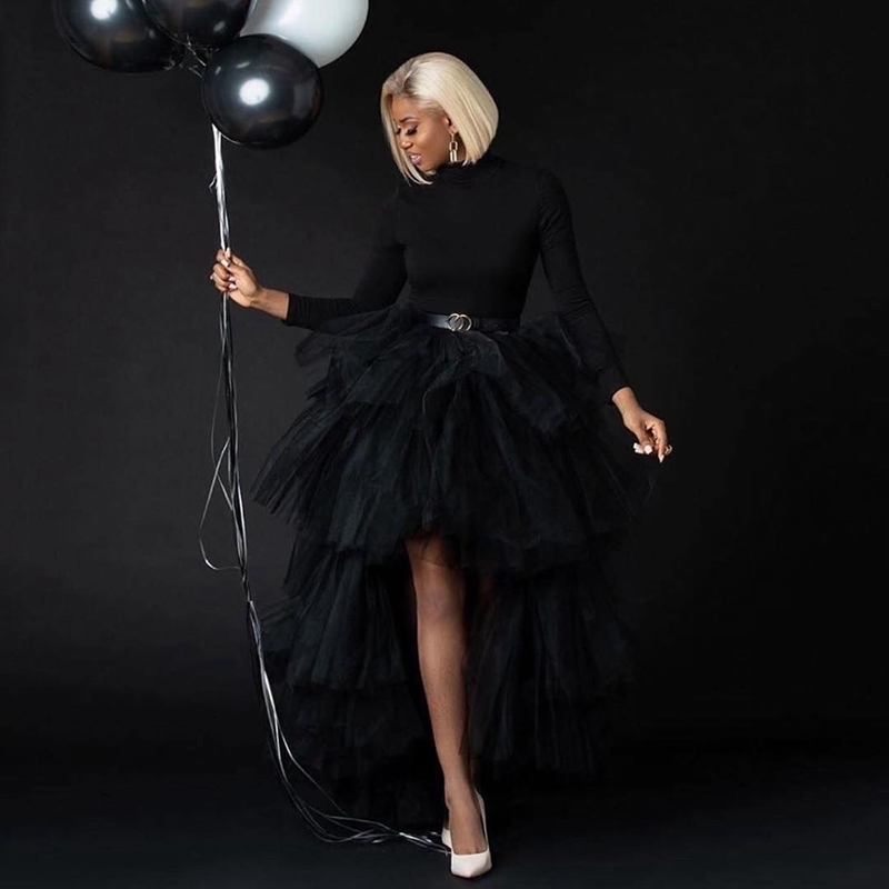 Chic Black Puffy Hi Low Tutu Party Skirt High Low Tulle Skirt Layered Women Long Skirt for Prom Custom Made 210306