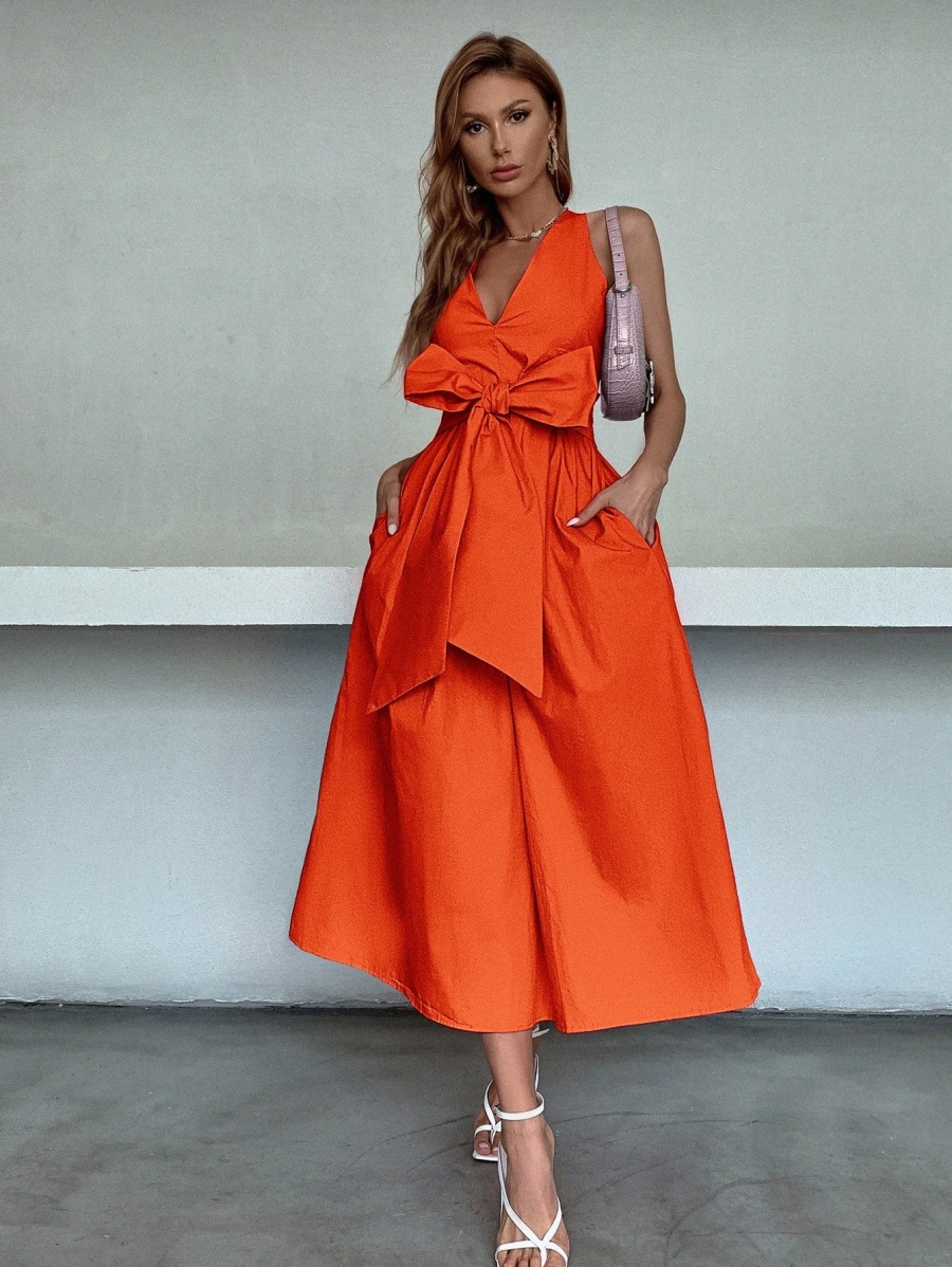 Big Bow Front Hidden Pocket Backless Dress E9jS#, Orange 
Big Bow Front Hidden Pocket Backless Dress E9jS#, Orange