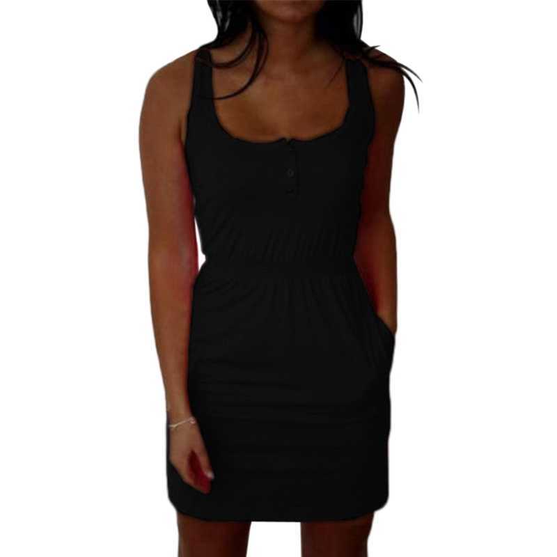 Women Summer Sleeveless Mini Beach Dress Plus Size Club Wear Knee Length Bodycon Cotton Solid Short Dress 210630