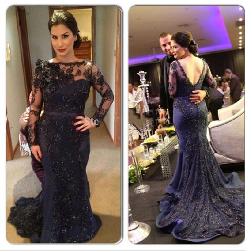 Vintage Lace Mermaid Evening Dresses 2023 Navy Blue And Black Sheer Long Sleeves Backless Arabic Formal Party Gowns Fashionable Prom Dress Engagement 
