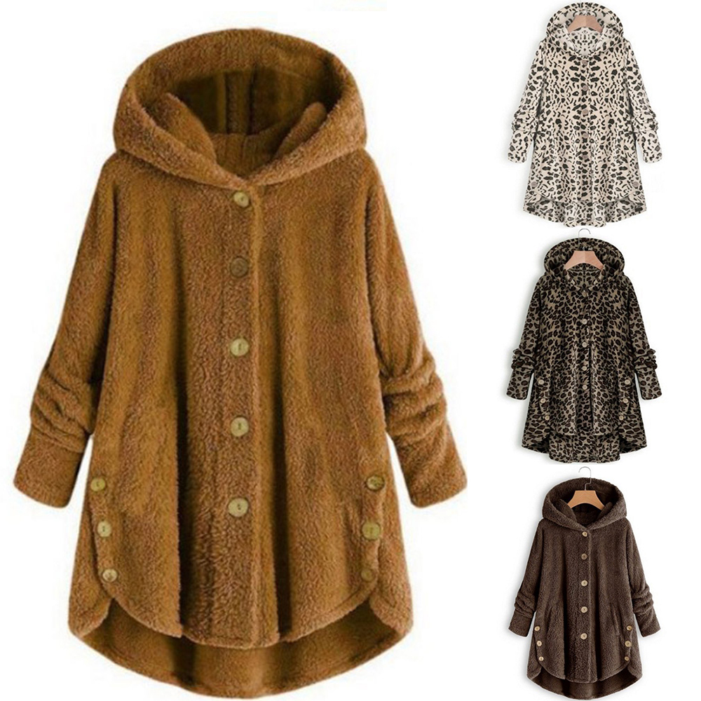 Winter Leopard Coat Fashion Women Button Solid Color Hooded Jacket Teddy Coat Ladies Winter Warm Coat Casual Hoodies 201019