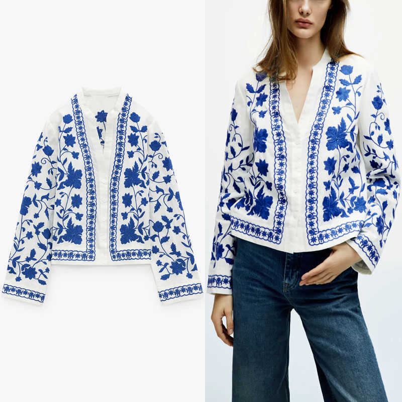Za Blue Embroidered Shirt Women Elegant Long Sleeve Button Up Summer Top Female Fashion Fit Embroidery Blouse Blusas 210602