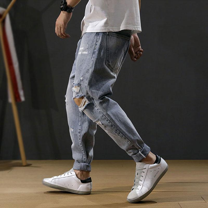 Korean Fashion Men Jeans Loose Fit Retro Blue Destroyed Ripped Jeans Men Baggy Harem Pants Embroidery Designer Hip Hop