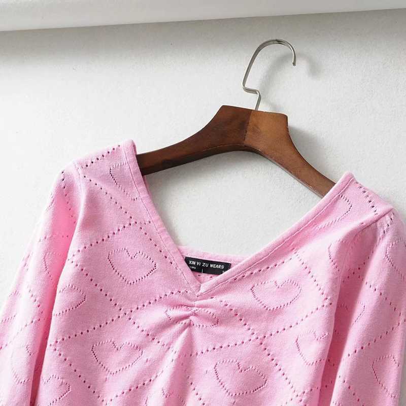 Sexy vintage V-neck folds pink peach heart hollow knit sweaters slim thin 3/4 sleeve short crop tops pullover jumpers for woman 210918