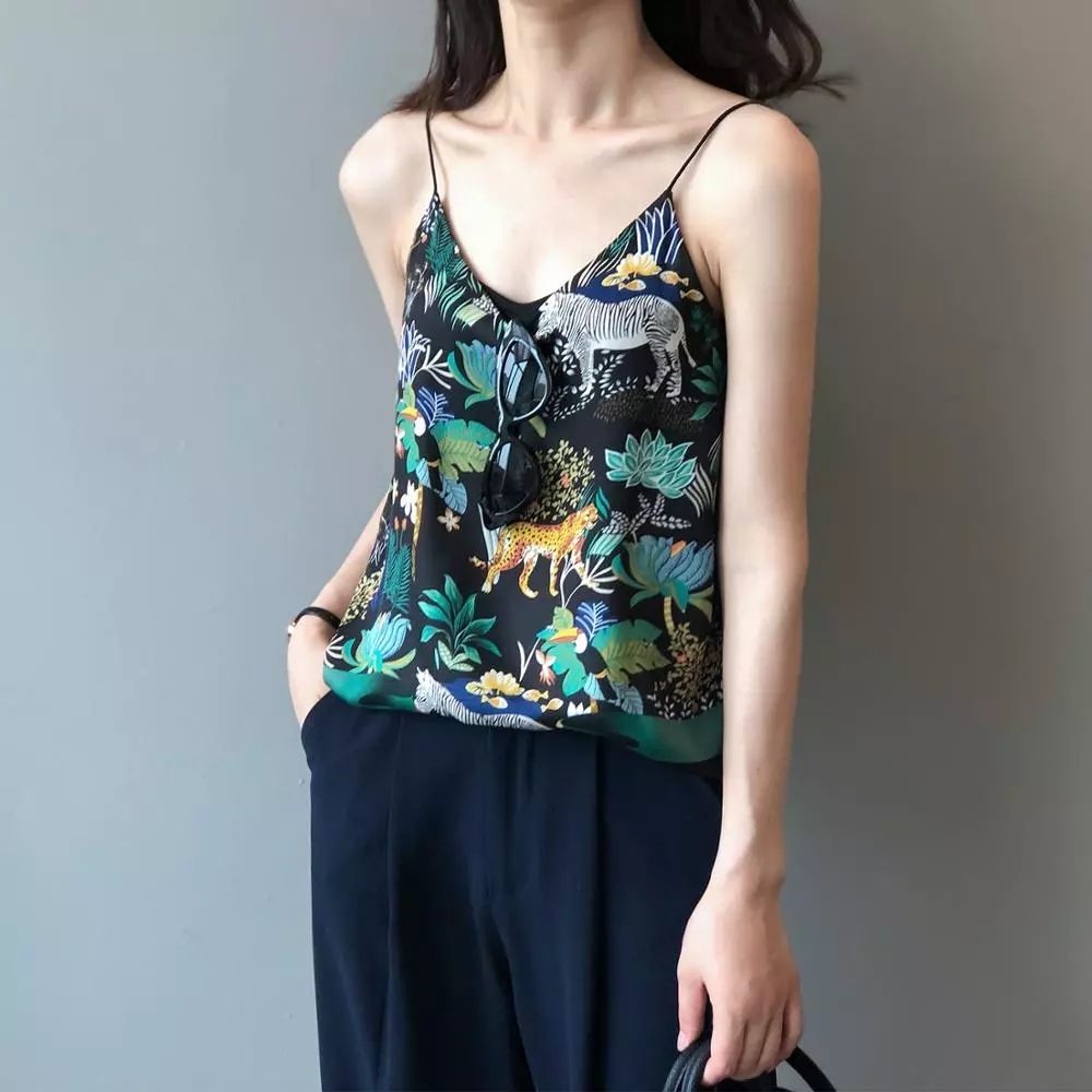 Tank Top Women Satin Loose Plus Size Tropical Jungle Folk Style Print V-neck Shoulder Strap Halter Vest Female Undershirt Summer 210308