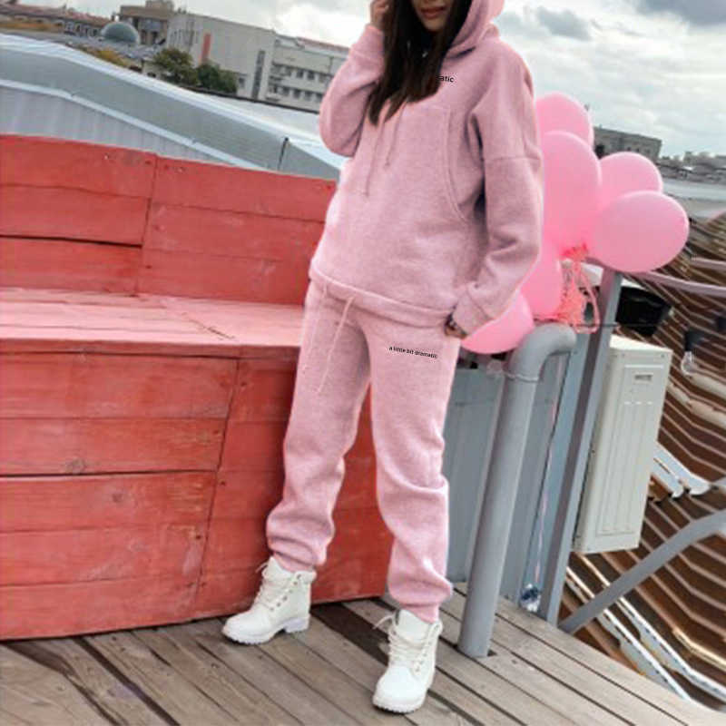 Letter Print Drawstring Hooded Women's Tracksuit Set Hoodies Long Sleeve Sweatshirt Pants 2 Pieces Set Female Tracksuits 210709
