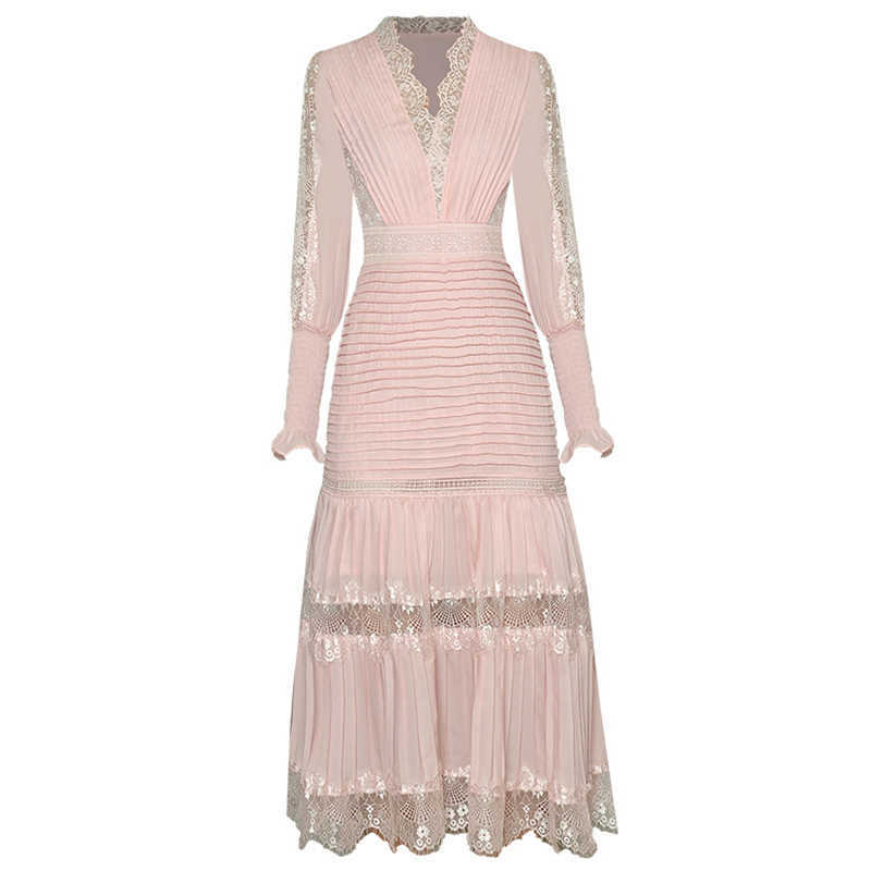 Black Patchwork Lace Dress For Women V Neck Lantern Long Sleeve High Waist Pleated Midi Dresses Female Fashion 210531