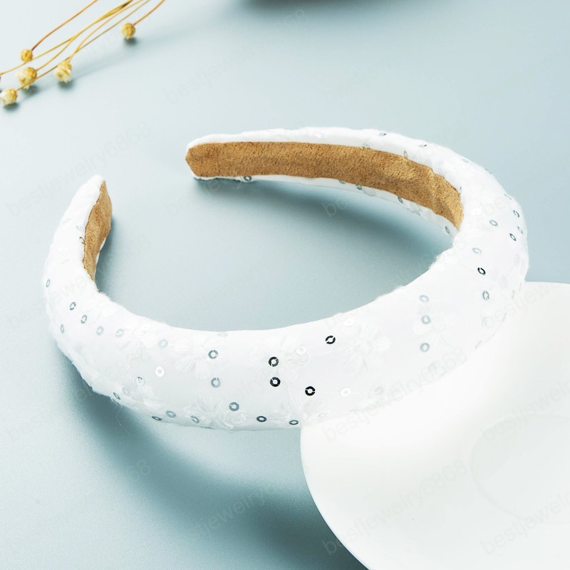 Elegant Korean Embroidery Flower Headband Temperament Sparkly Sequins Thick Sponge Hairband Girls Party Jewelry Bezel