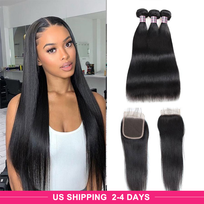 Ishow 9A Human Hair Bundles With Lace Closure 8-28inch Water Curly Body Virgin Hair Extensions Deep Loose 3/4pcs Straight for Women Natural Black Wefts Weave