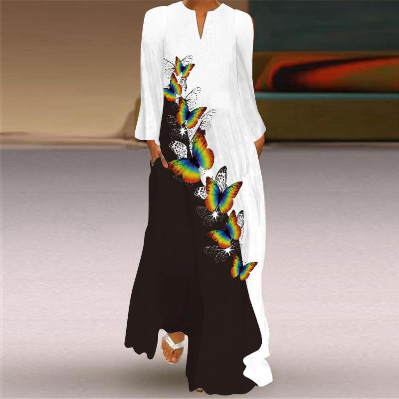 Casual Dresses Autumn Peacock Print 2021 Women Plus Size Long Sleeve V-Neck Maxi Dreeses Loose Flowy Party Dress Vestido S-5XL