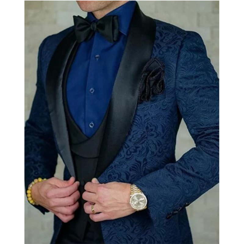 Navy Blue Burgundy Embroidery Mens Suits Wedding Tuxedos Black Shawl Lapel 3 Pieces Groom Formal Wear Slim Fit Male Formal Party Prom Blazer (Blazer+V