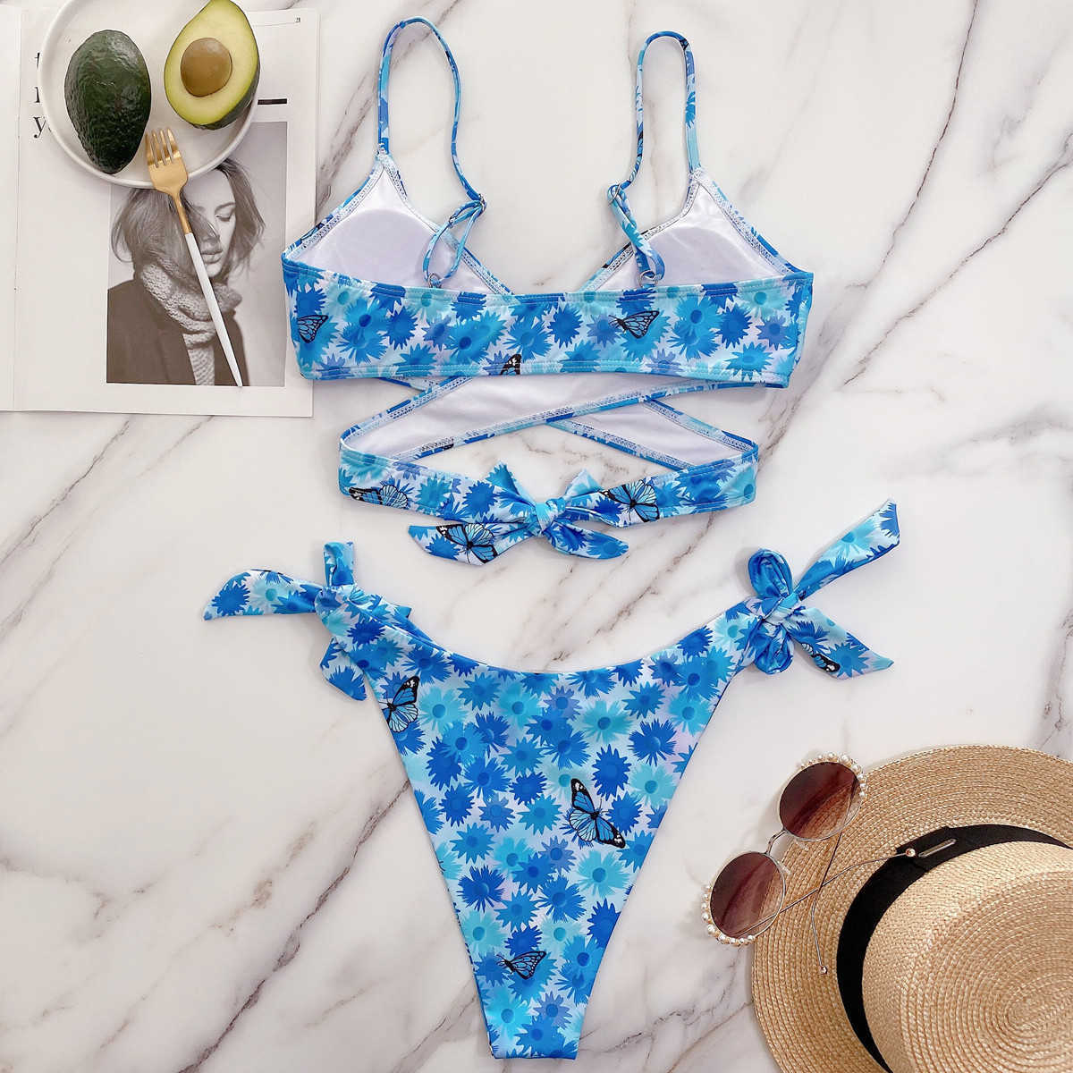 Blue Butterfly Printed Sling Bikini Summer Sexy Side Lace-up Low Waist Micro Thong Set Push Up Pool Party 2 Piece 210604