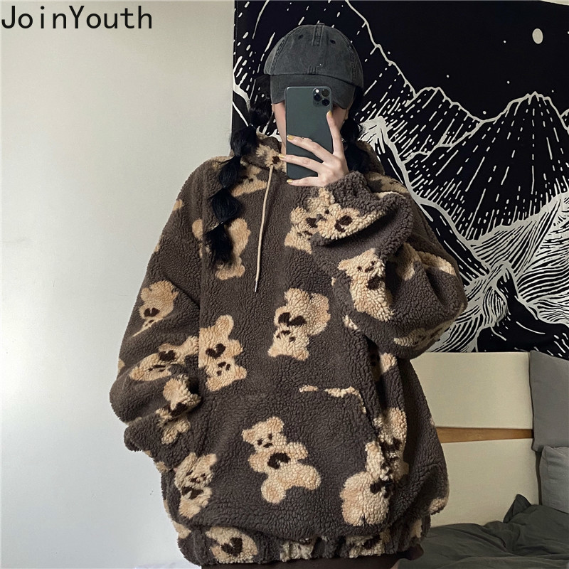 Joinyouth Sweatshirt Fall Winter Clothes Women Korean Hooded Cartoon Bear Thicked Outwear Lamb Wool Loose Casual Hoodies Coat 201202