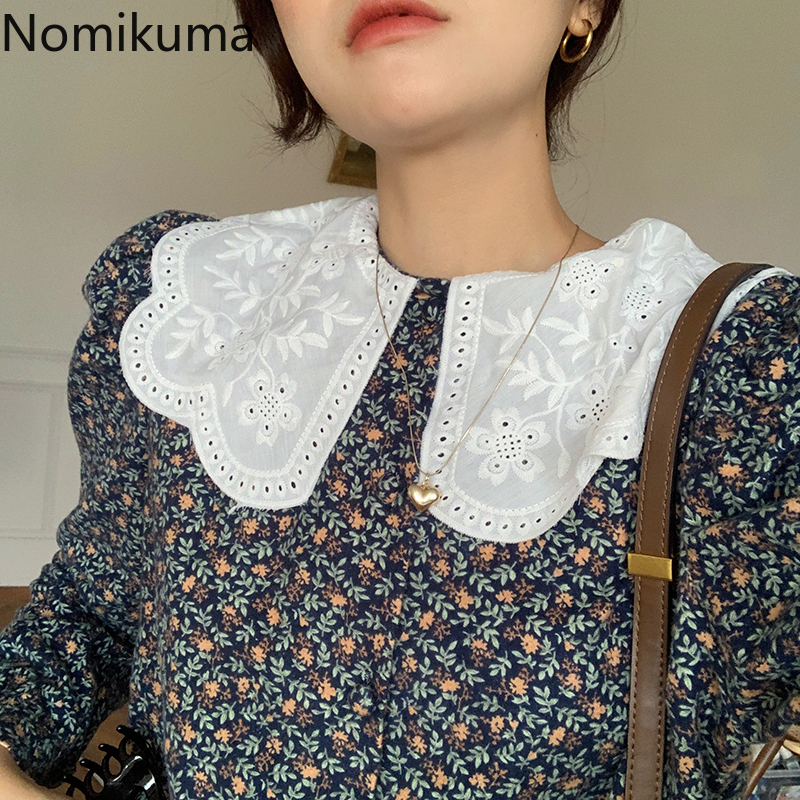 Nomikuma Korean Hollow-out Embroidery Peter Pan Collar Blouse Puff Long Sleeve Floral Shirt Autumn Causal Blusas Top 6D497 210225