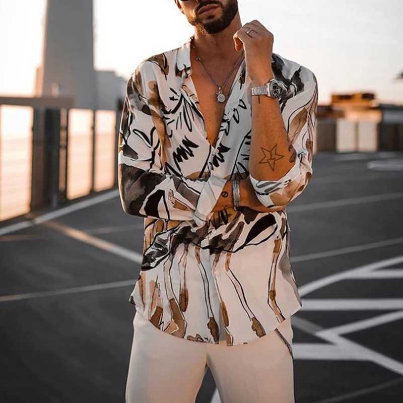 Spring Casual Long Sleeve Print Shirts Men Fashion Loose Turn-down Collar Button Tops Cotton Linen Shirt Male Streetwear 210721