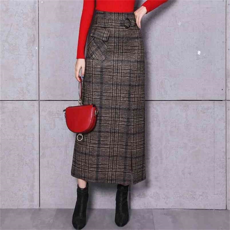 Elegant Retro Female Hight Waist Woolen Long Plaid Skirt Women Casual Straight Vintage Fashion Maxi Jupe Longue Femme Slim 210619