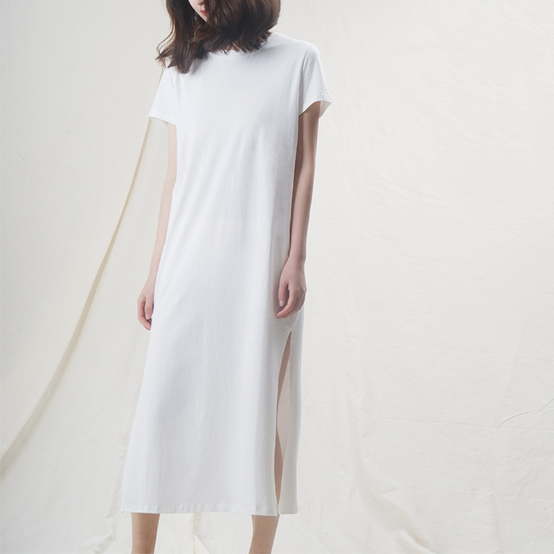 Casual Women Split Long Dress O-neck Short Sleeve Solid blue Summer Cotton T shirt Dress Sales M30465 210303