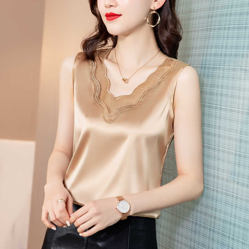 Korean Women Blouses Shirts OL Satin Tops Woman Lace Hollow Out Shirt Top Plus Size V-neck Embroidery 210604