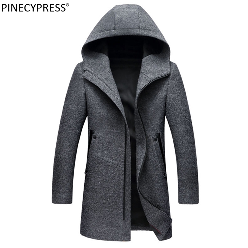 Man Wool Hooded Jacket Long High Quality Hoodie Zipper Casual Black Grey Male Trench Pockets Overcoat Warm Men Woolen Coat 211122